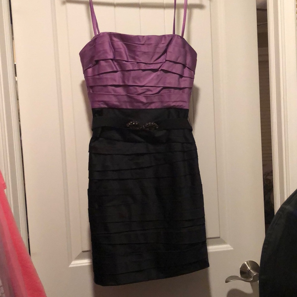 BCBGMaxAzria black/purple strapless dress w/ belt
